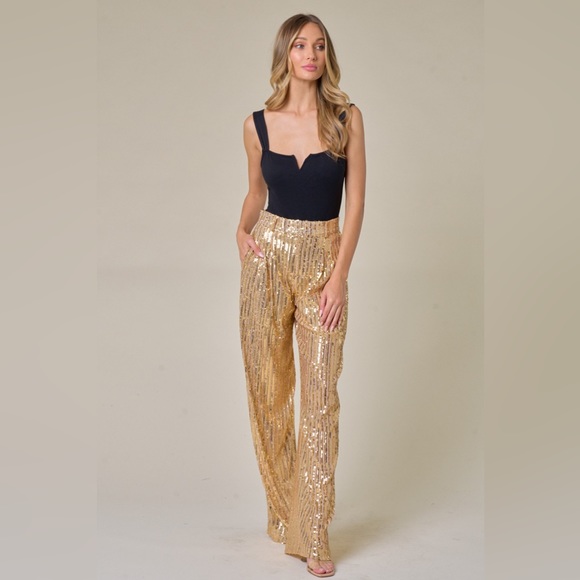 ✨ NEW Structured Wide-Leg Gold Sequin Pants | Glam Party Trousers ✨ - Picture 10 of 11